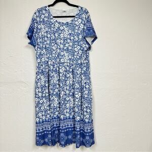 Pink Daisy Blue White Floral Midi Dress Womens 2X Short Sleeve Modest Spring